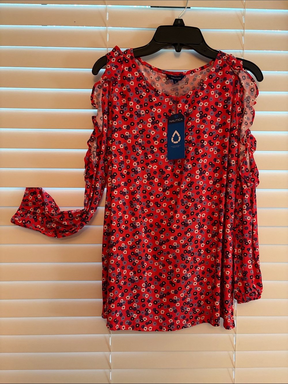 Nautica Red Floral Cold-Shoulder Top with Ruffle Sleeves